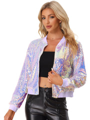 Sequin Sparkle Party Long Sleeve Zipper Bomber Jacket