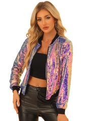 Sequin Sparkle Party Long Sleeve Zipper Bomber Jacket