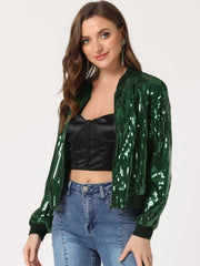 Sequin Sparkle Party Long Sleeve Zipper Bomber Jacket