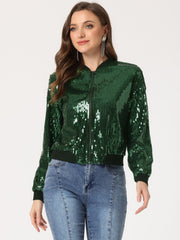 Sequin Sparkle Party Long Sleeve Zipper Bomber Jacket