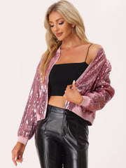 Sequin Sparkle Party Long Sleeve Zipper Bomber Jacket