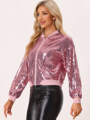 Sequin Sparkle Party Long Sleeve Zipper Bomber Jacket