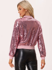 Sequin Sparkle Party Long Sleeve Zipper Bomber Jacket