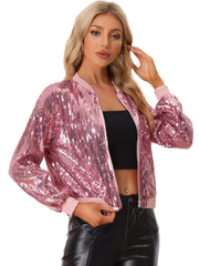 Sequin Sparkle Party Long Sleeve Zipper Bomber Jacket