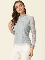 Lace Long Sleeve Ruffle Stand Neck Floral Blouse