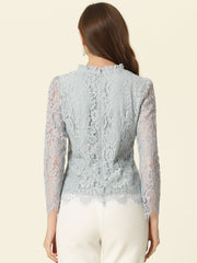 Lace Long Sleeve Ruffle Stand Neck Floral Blouse
