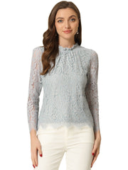 Lace Long Sleeve Ruffle Stand Neck Floral Blouse