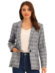 Plaid Notched Lapel One Button Houndstooth Blazer Jacket