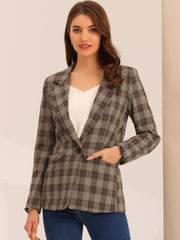 Plaid Notched Lapel One Button Houndstooth Blazer Jacket