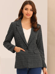 Plaid Notched Lapel One Button Houndstooth Blazer Jacket