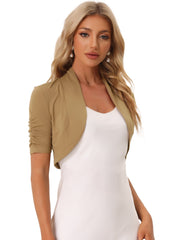 Short Ruched Sleeve Open Front Knit Cropped Bolero Shrugs