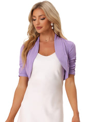 Short Ruched Sleeve Open Front Knit Cropped Bolero Shrugs