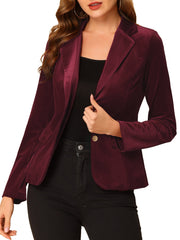 Notched Lapel Vintage Office Button Front Velvet Blazer
