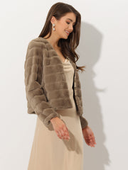 Winter Warm Cropped Collarless Faux Fur Fluffy Jacket