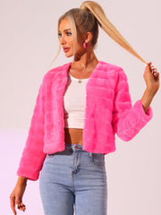 Winter Warm Cropped Collarless Faux Fur Fluffy Jacket