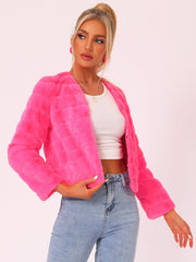 Winter Warm Cropped Collarless Faux Fur Fluffy Jacket