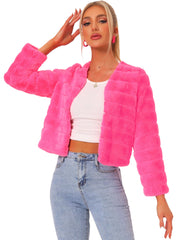 Winter Warm Cropped Collarless Faux Fur Fluffy Jacket