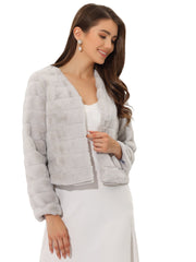 Winter Warm Cropped Collarless Faux Fur Fluffy Jacket