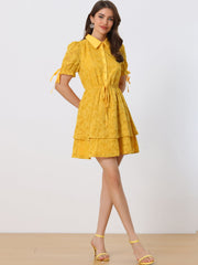 Peter Pan Collar Floral Drawstring Chiffon Layered Dress