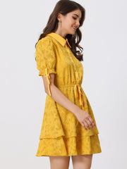 Peter Pan Collar Floral Drawstring Chiffon Layered Dress