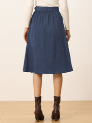 High Waist Button Front Belted Corduroy A-Line Midi Skirt