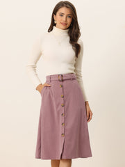 High Waist Button Front Belted Corduroy A-Line Midi Skirt