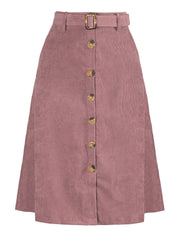 High Waist Button Front Belted Corduroy A-Line Midi Skirt