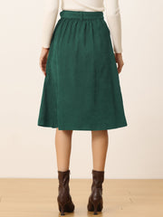 High Waist Button Front Belted Corduroy A-Line Midi Skirt