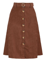 High Waist Button Front Belted Corduroy A-Line Midi Skirt