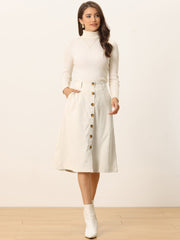 High Waist Button Front Belted Corduroy A-Line Midi Skirt