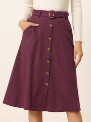 High Waist Button Front Belted Corduroy A-Line Midi Skirt