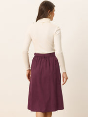 High Waist Button Front Belted Corduroy A-Line Midi Skirt