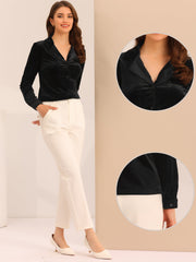 Velvet Blouse Collared Long Sleeve Button Down Shirt Top