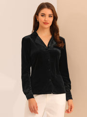 Velvet Blouse Collared Long Sleeve Button Down Shirt Top