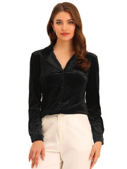Velvet Blouse Collared Long Sleeve Button Down Shirt Top