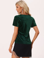 Velvet T-Shirt V Neck Short Sleeve Tee Tops