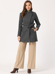 Classic Stand Collar Long Sleeve Belted Winter Coat
