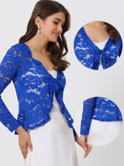 Floral Lace Tie Front Ruffled Hem Sheer Crop Bolero Shrug