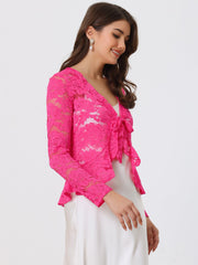 Floral Lace Tie Front Ruffled Hem Sheer Crop Bolero Shrug