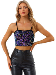 Sequined Velvet Spaghetti Strap Club Party Cropped Cami Top