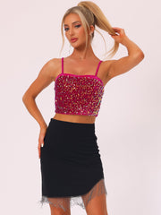 Sequined Velvet Spaghetti Strap Club Party Cropped Cami Top