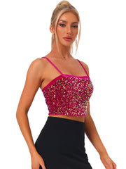 Sequined Velvet Spaghetti Strap Club Party Cropped Cami Top