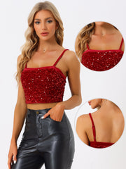 Sequined Velvet Spaghetti Strap Club Party Cropped Cami Top