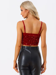Sequined Velvet Spaghetti Strap Club Party Cropped Cami Top