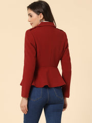 Double Breasted Pea Coat Notched Lapel Blazer Peplum Jacket