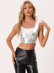 Sleeveless U Neck Party Holographic Shiny Metallic Crop Top