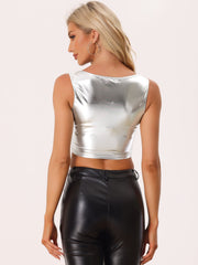 Sleeveless U Neck Party Holographic Shiny Metallic Crop Top