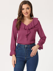 Ruffle Neck Gathered Cuff Long Sleeves Blouse