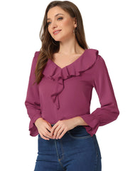 Ruffle Neck Gathered Cuff Long Sleeves Blouse