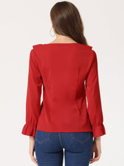 Ruffle Neck Gathered Cuff Long Sleeves Blouse